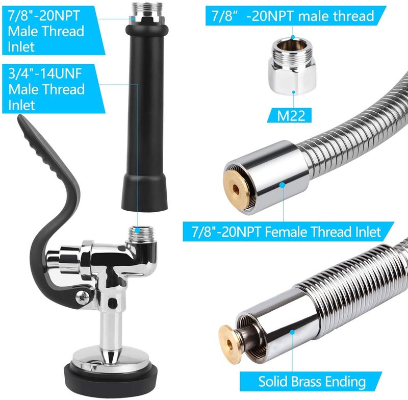 COOLWEST Pre-Rinse Hose with Spray Valve 44 Inch Flexible Stainless Hose with Sprayer Nozzle Head Replacement Kit for Commercial Kitchen Sink Faucet(Free Brass Adapter to Connect Add-on Swivel Spout) - Image 3